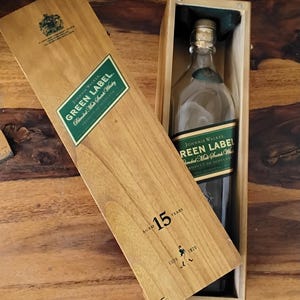 Vintage Johnnie Walker Green Label Empty Bottle with Commemorative Wood Box image 1