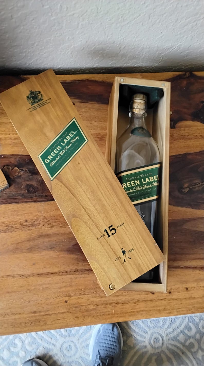 Vintage Johnnie Walker Green Label Empty Bottle with Commemorative Wood Box image 1