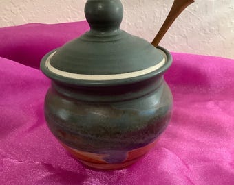 Vintage Sunset Canyon Pottery Honey Pot Stoneware Green, Blue, Orange, Beige.