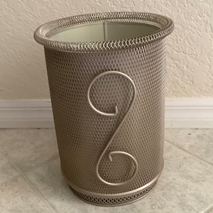 Vintage MCM Metal Mesh Wastebasket Trash Can with Scrollwork