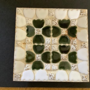 MCM Vintage Mosaic Square Tile Trinket Dish Tulipano~Verde~Oro~Bianco~5 1/8&quot;