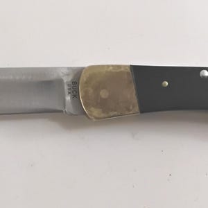 May include: A folding pocket knife with a silver-toned steel blade, a brass bolster, and a black handle. The blade features the text BUCK 110 U.S.A. engraved near the base. The handle includes brass accents at the end and small silver-toned rivets.