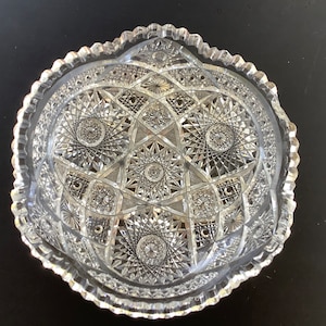 Crystal Cut Glass Bowl Fruit Decor Sawtooth Edge Vintage Heavy - 9&quot; x 2&quot;  High