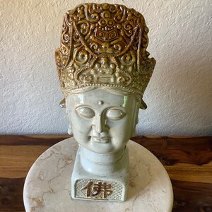 Vintage~Glazed Ceramic Asian Diety ~ Buddah Bust ~Sand and Caramel Colors~13.5&quot;