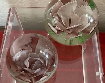Pair of Vintage Purple Flower With Green Stems Paperweights