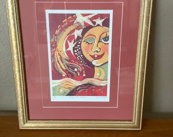 JANET SEARFOSS ~Batik Print~ Dama en la Luna~ Firmado ~Edición limitada~1/50~RARE