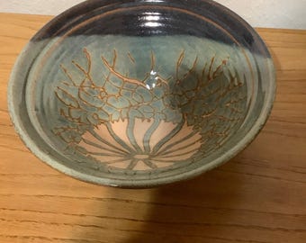 Studio Art Pottery Deep Bowl Abstract Greens, Peach, Copper Colors~9.5" x 3.5" H.