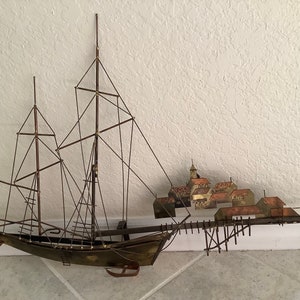 1960s Vintage Curtis Jere Signed Brass and Copper Wall Sculpture.  Harbor Town Scene.