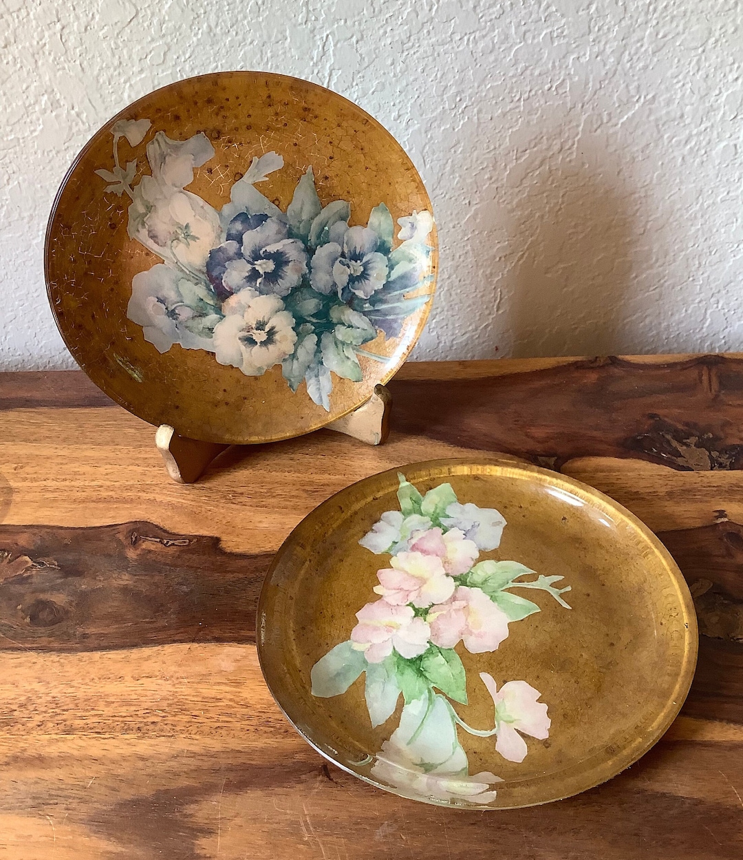 Pair of Reverse Painted Glass Plates Flowers 10.5 Etsy