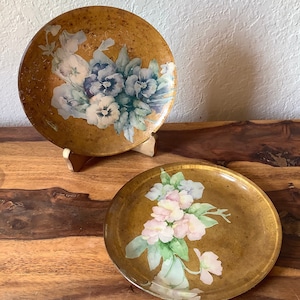 May include: Two decorative plates with floral designs. The first plate has a brown background with a bouquet of blue and white pansies. The second plate has a brown background with a bouquet of pink flowers.