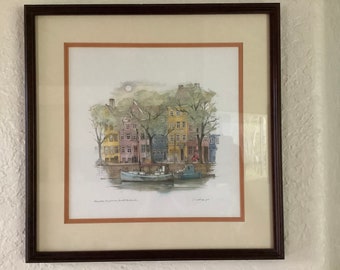 Vintage MADS STAGE Signed Watercolor Print~Nyhavn Houses Denmark~Framed