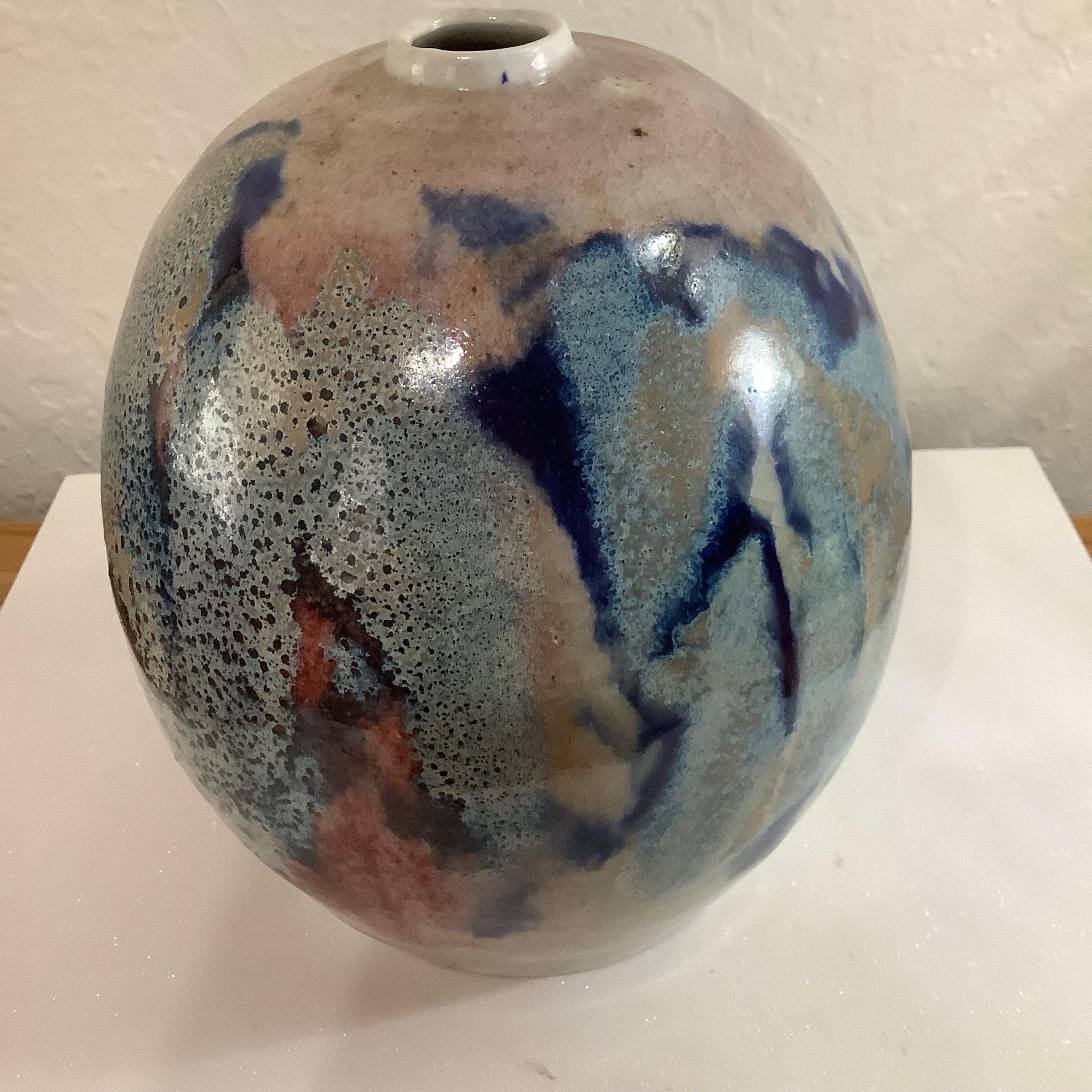 ヴィンテージスタジオアート陶器つぼみ花瓶 釉薬光沢ブルー 高さ7