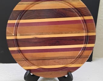 Vintage MCM Handcrafted 9.75" Diameter Striped Wood Charcuterie Serving Board