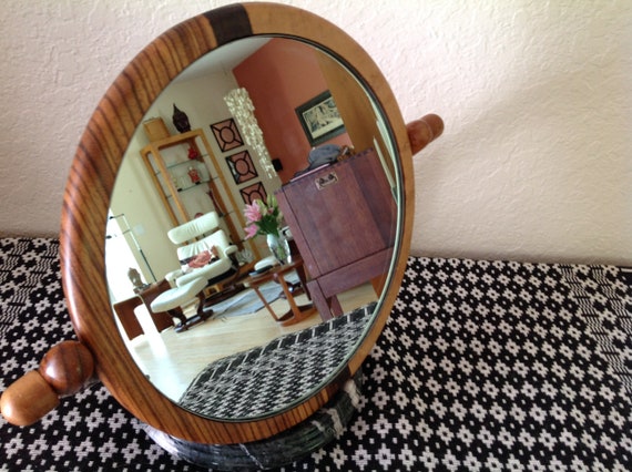 Mcm Round Tiger Striped Wood Table Vanity Mirrorscandanavian Etsy