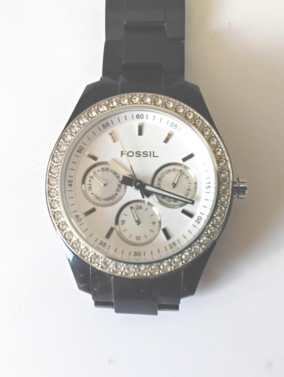 Vintage Fossil Rhinestone Bezel White~black Case Chronograph  display picture 2