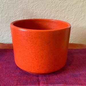 May include: A bright orange ceramic planter with a speckled texture. The planter is cylindrical in shape with a slightly rounded bottom.