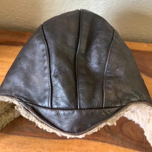 Vintage Brown Leather Sherpa Lined Aviator, Motorcycle, Bomber Hat, Cap WWII?