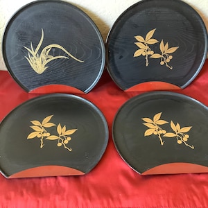 Set of Four~Vintage~Black and Gold Plastic & Lacquer~ Serving Trays~Asian Style