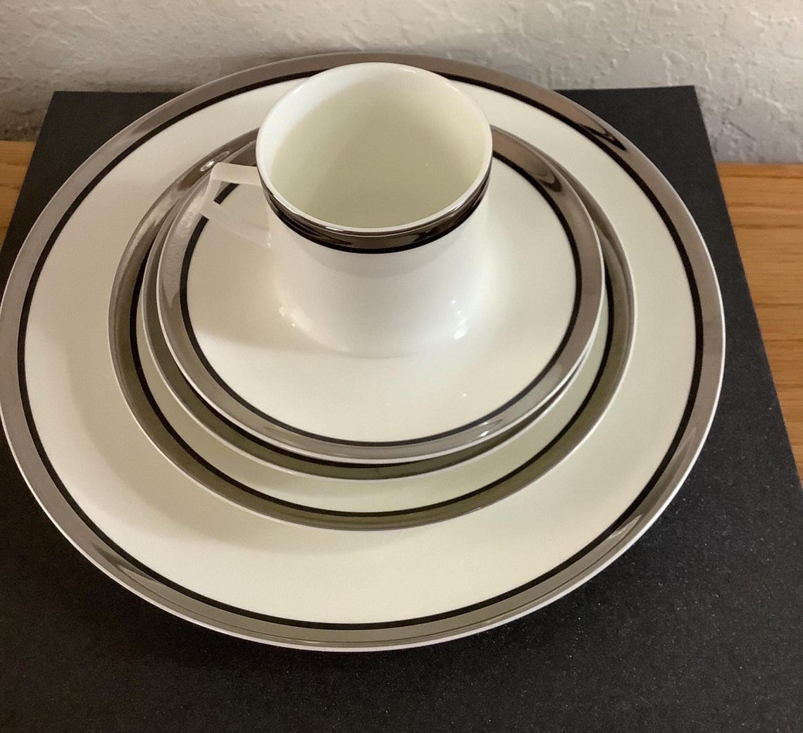 Vintage Mikasa Solitude Bone China Place Setting: Platinum Rim, Black ...