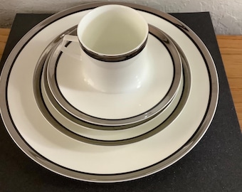 Vintage Mikasa Solitude Bone China Place Setting: Platinum Rim, Black Trim