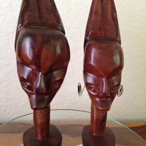 Vintage Hand Carved Wood Tribal Man & Woman Head and Neck Figurines 9&quot; Tall EUC