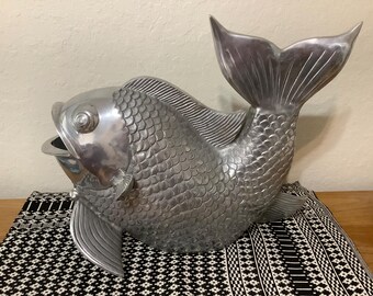 Vintage Hammered Aluminum Fish Sculpture Made in India LARGE~22"H x 20"Wide x 11" deep