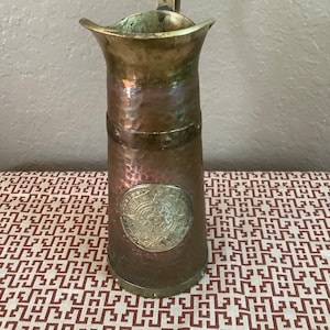 Vintage Hammered Copper and Brass 9.75” Pitcher – Aztec Mayan Calendar