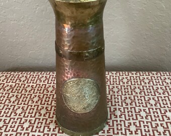 Vintage Hammered Copper and Brass 9.75” Pitcher – Aztec Mayan Calendar