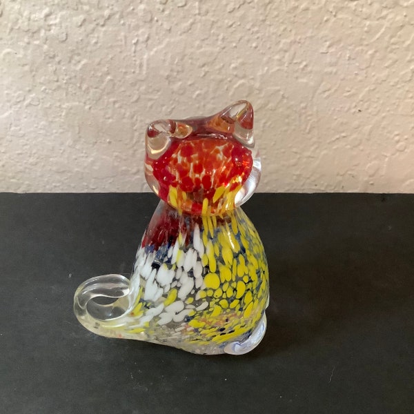 Vintage ART GLASS Murano-Style Multi-Color~Confetti  Blown Glass CAT Figurine.