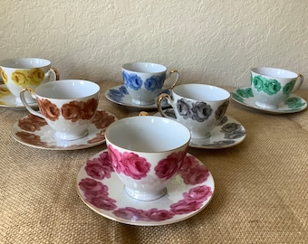 Set of (6) Vintage Yada China Teacups and Saucers~IRRIDESCENT~Six Colors ~ Japan