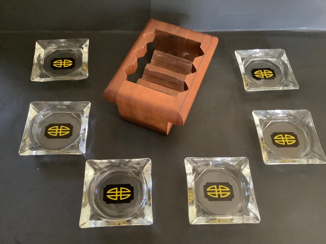 Rare MCM Vintage 6 Glass Ashtrays Set W/walnut Holder by Distinguished