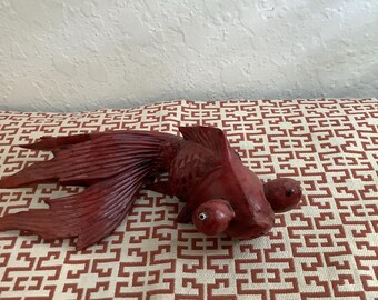 Rosewood Asian Carved Koi Fish Carp Fan Tail Glass Eyes Goldfish 8”