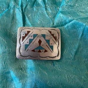 Vintage Sterling Silver Turquoise and Coral Belt Buckle Signed H.B.  Buckle weighs 12.9 grams.