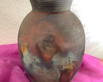 Vintage Metallic Iridescent Studio Art Pottery Vase Raku Style~11 inch Tall~ Signed