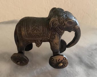Antique/Vintage Original Old Floral Hand Carved Brass Elephant Figure On Wheels