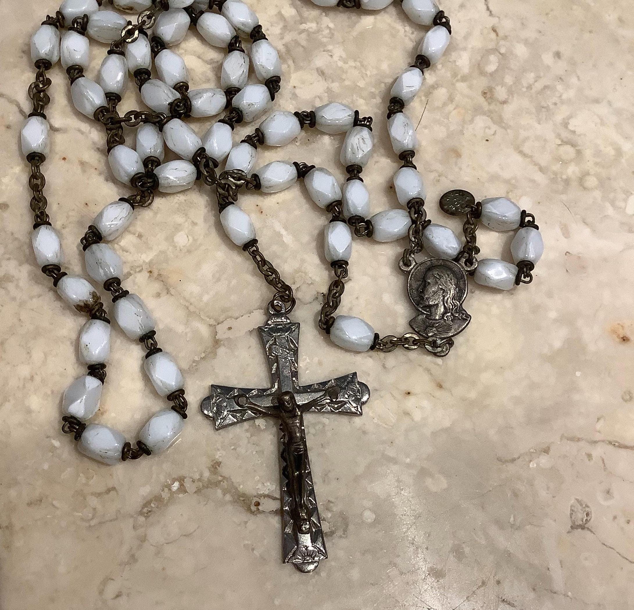 VINTAGE INRI Rosary White Faceted Glass Beads Silver Tone Cross