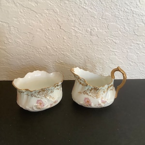Antique Limoges-ELITE~France MINIATURE Creamer & Sugar ~Gold Trim