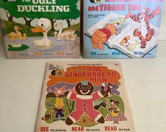 3 Vintage Walt Disney See Hear Read Records Ugly Duckling/Gingerbread Man/Winnie