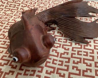 Rosewood Asian Carved Koi Fish Carp Fan Tail Glass Eyes Goldfish 8”