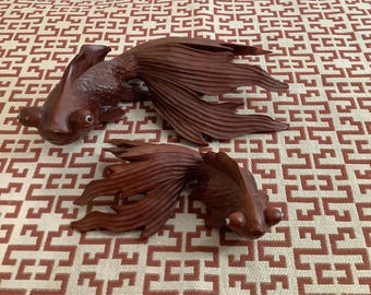 Rosewood Asian Carved Koi Fish Carp Fan Tail Glass Eyes Goldfish 6" and 4"