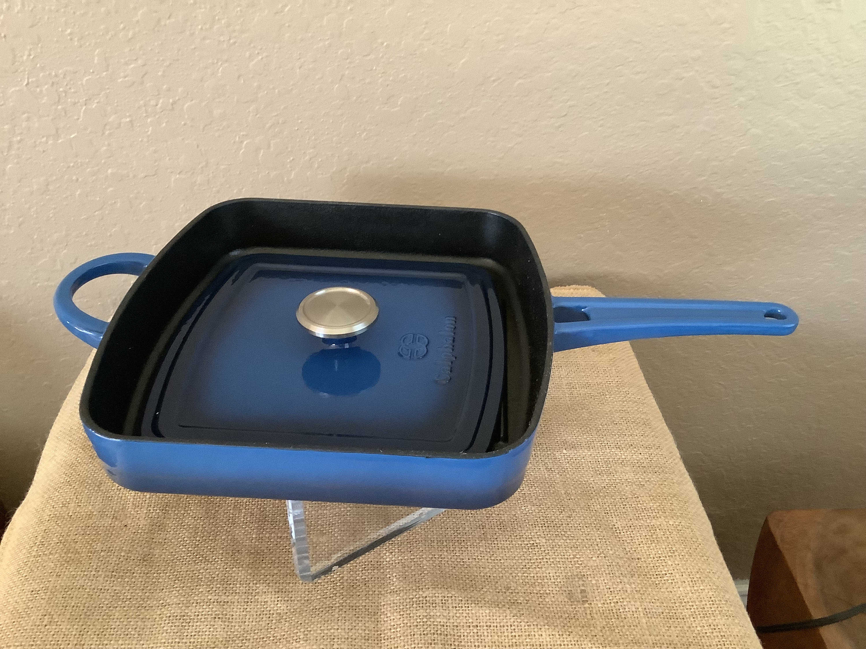 Vintage CALPHALON Cast Iron Square Grill Pan Skillet Blue Enameled W panini Press Lid Etsy