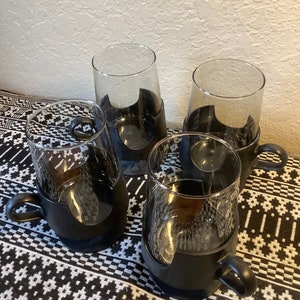 4 MCM Vintage Corning Glas-Snap Black Bases Hot Cold Beverage Glasses~Handled