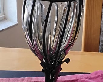 Vintage Apothecary Jar 16 inch Hand Blown, Wrought Iron Caged, Twisted Bubble Glass with Lid