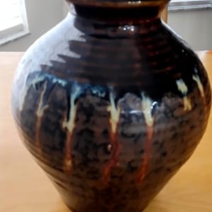 Vintage Studio Pottery Stoneware Vase~Brown & Green Lava Drip Glaze~10&quot;