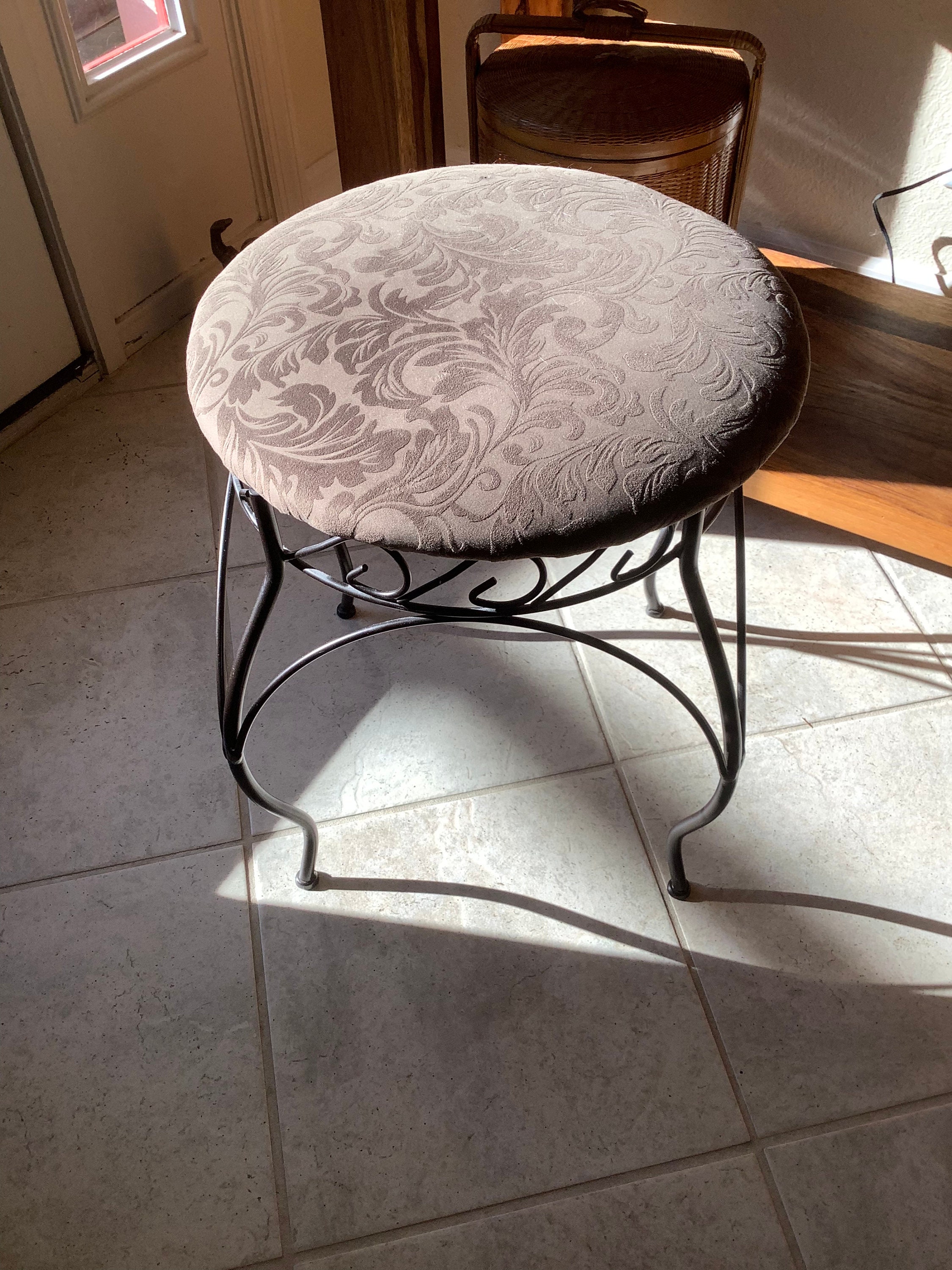 Vintage Wrought Iron Vanity Chair Parlor Stool Upholstered Etsy