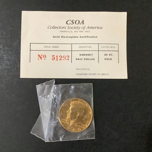 1980 Gold 24KT Plated Kennedy Half Dollar CSOA Certification~Uncirculated. Collector&#39;s Society of America