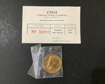 1980 Gold 24KT Plated Kennedy Half Dollar CSOA Certification~Uncirculated. Collector&#39;s Society of America