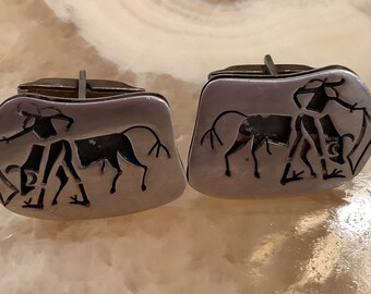 Vintage Taxco Mexico Sterling Silver Matador and Bull Overlay Cuff Links.