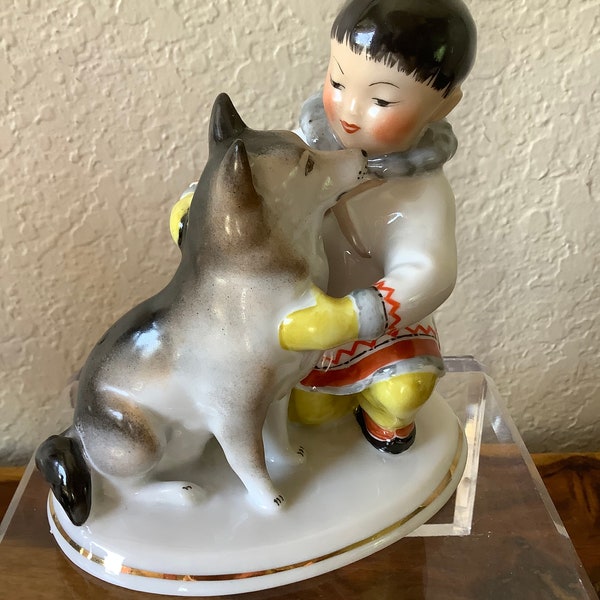 LOMONOSOV PORCELAIN  Boy with Husky SIGNED