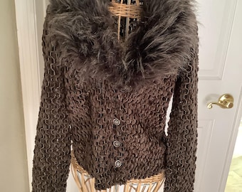 Vintage SOPHIA PIGOZZI Sweater Jacket with Faux Fur Collar Size 6